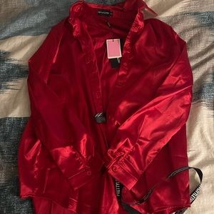 Red silk button down
